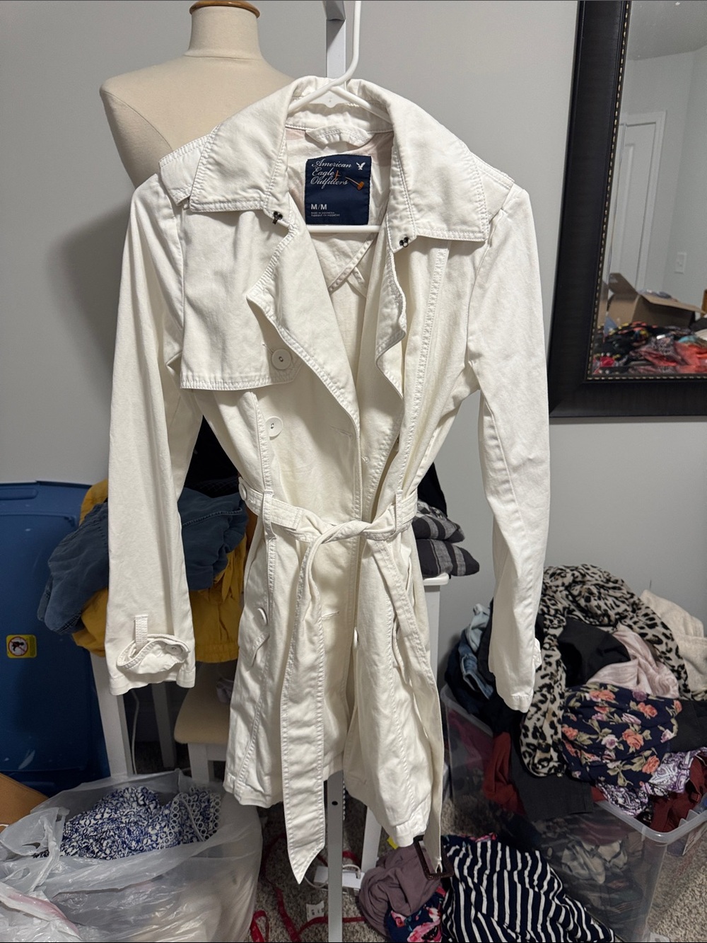 American Eagle Outfitters Cream Belted Trench Coat
